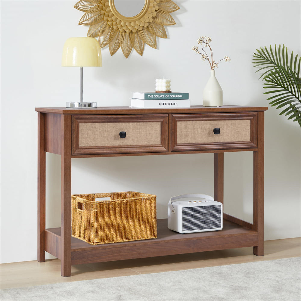 Walnut Modern Narrow Boho Entryway Console Table with Open Storage Shelves and Burlap Rattan Drawers