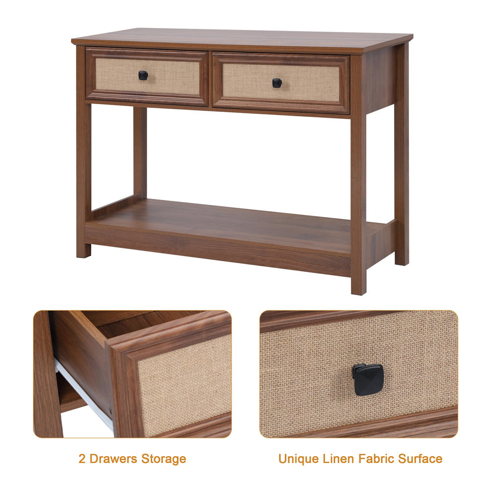 Walnut Modern Narrow Boho Entryway Console Table with Open Storage Shelves and Burlap Rattan Drawers