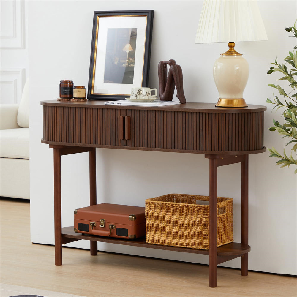 Walnut Modern Narrow Sofa Console Table with Storage and Sliding Door