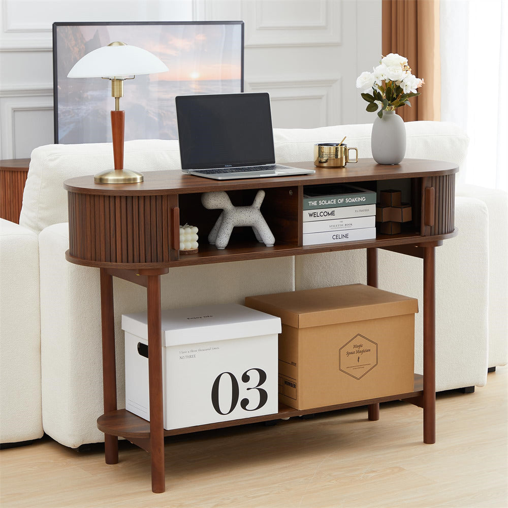 Walnut Modern Narrow Sofa Console Table with Storage and Sliding Door