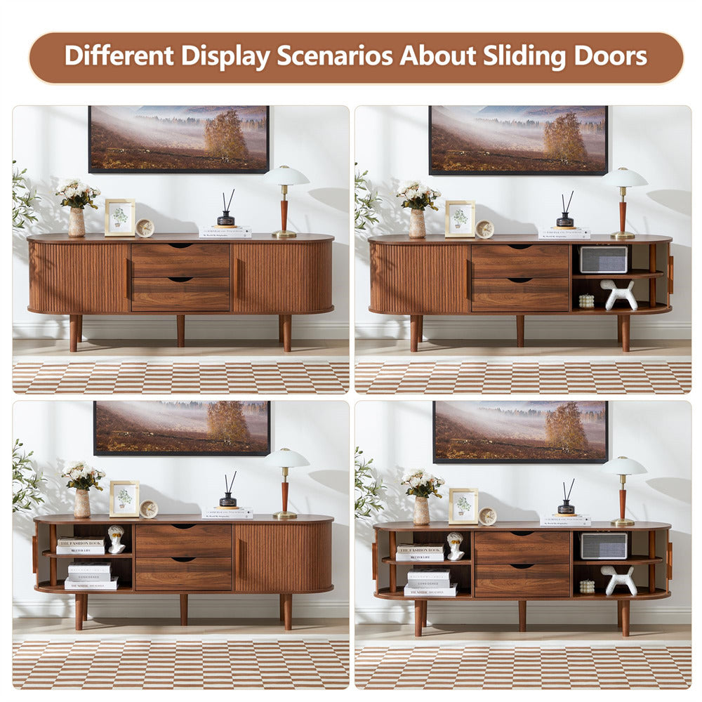 Walnut Modern TV Stand Console Table Entertainment Center with Storage Compartment and Sliding Door