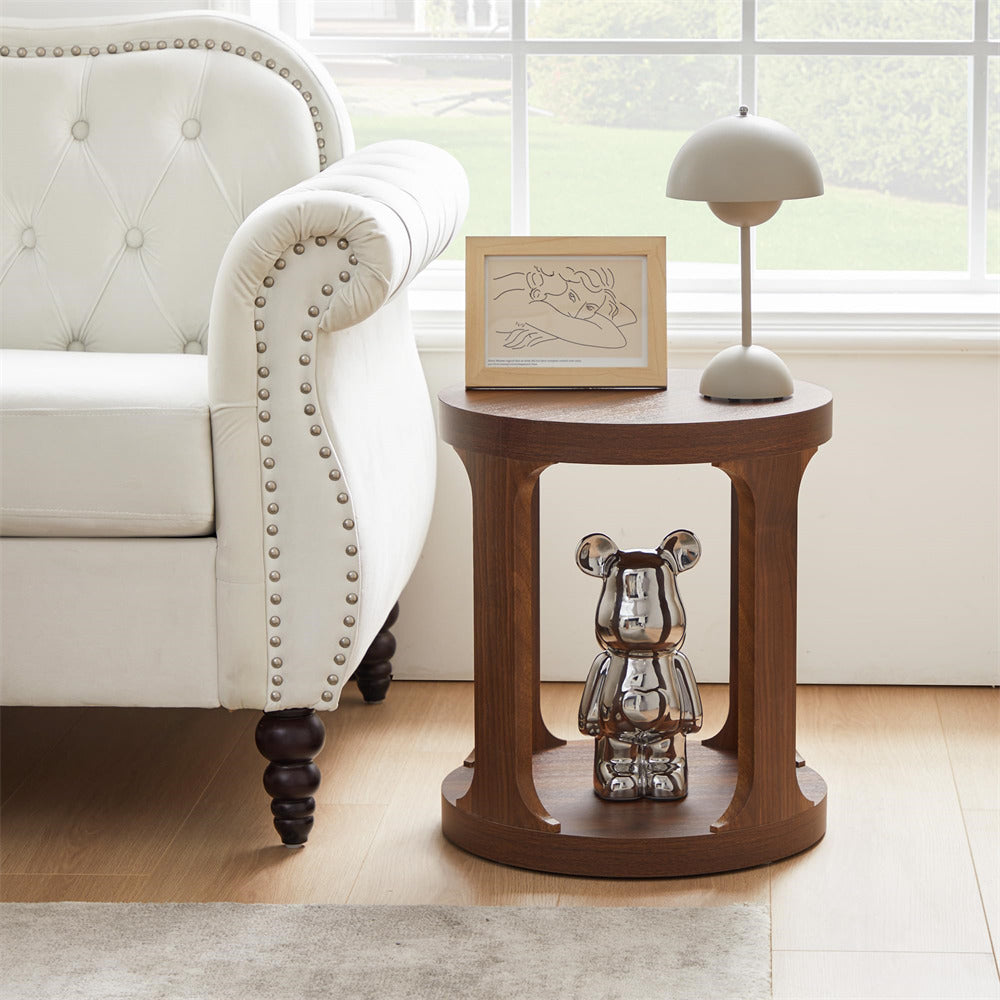 Walnut Sofa Side Table Set with 2-Tier Open Storage Shelves