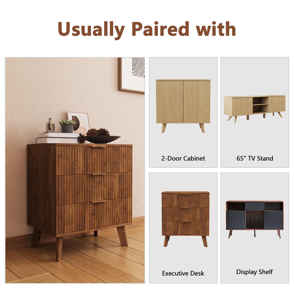 Walnut Wood Chest of Drawers with 3 Drawers and Waveform Panel
