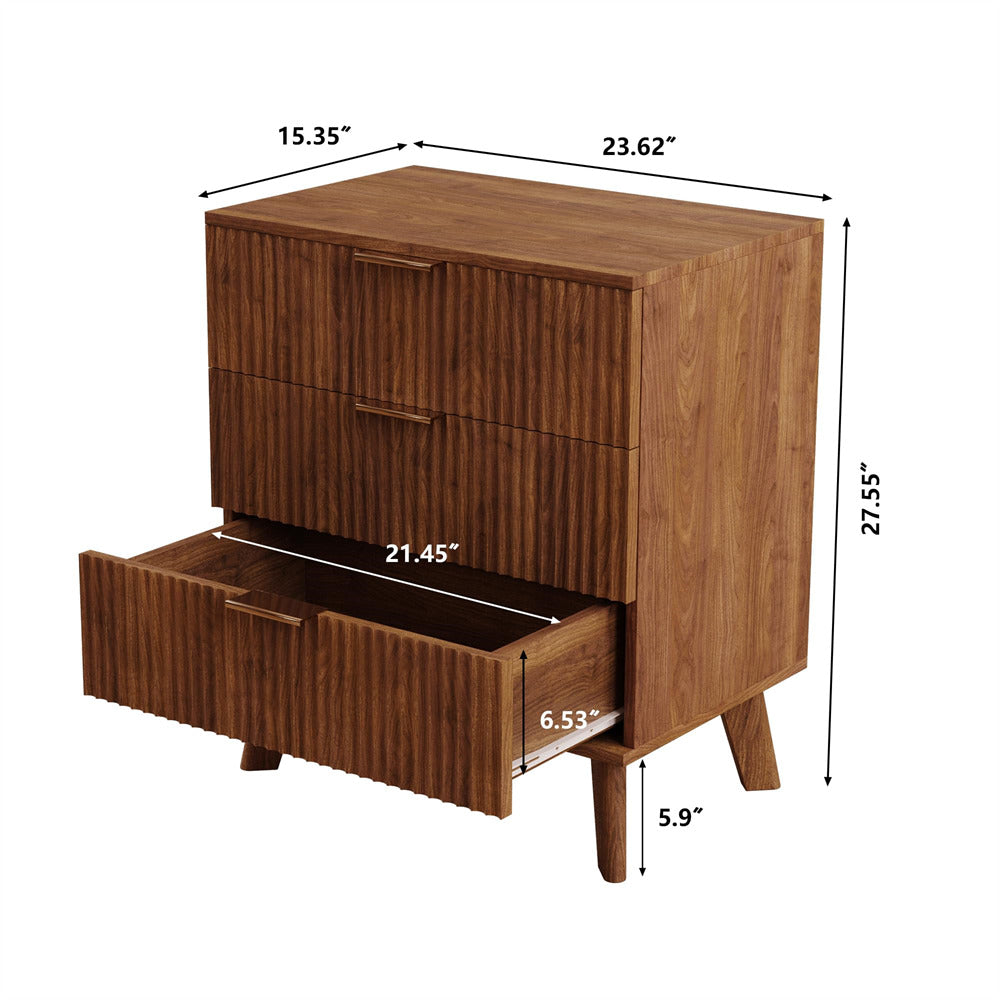 Walnut Wood Chest of Drawers with 3 Drawers and Waveform Panel Size