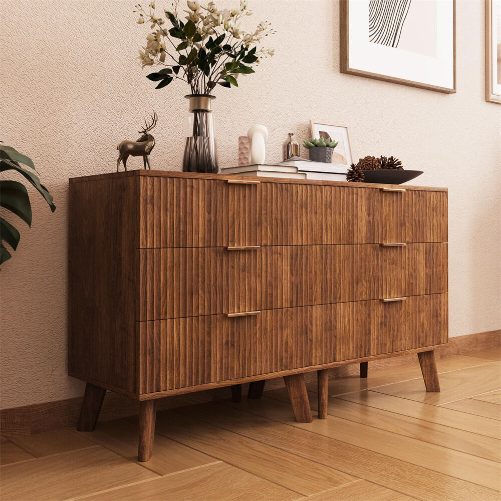 Walnut Wood Chest of Drawers with 3 Drawers and Waveform Panel