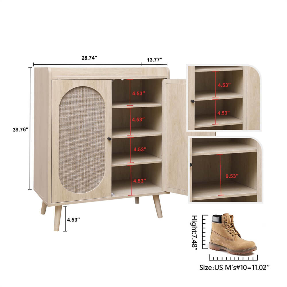 Wood Color Rattan Shoe Cabinet 4-Tier Freestanding Shoe Rack With 2 Rattan Doors