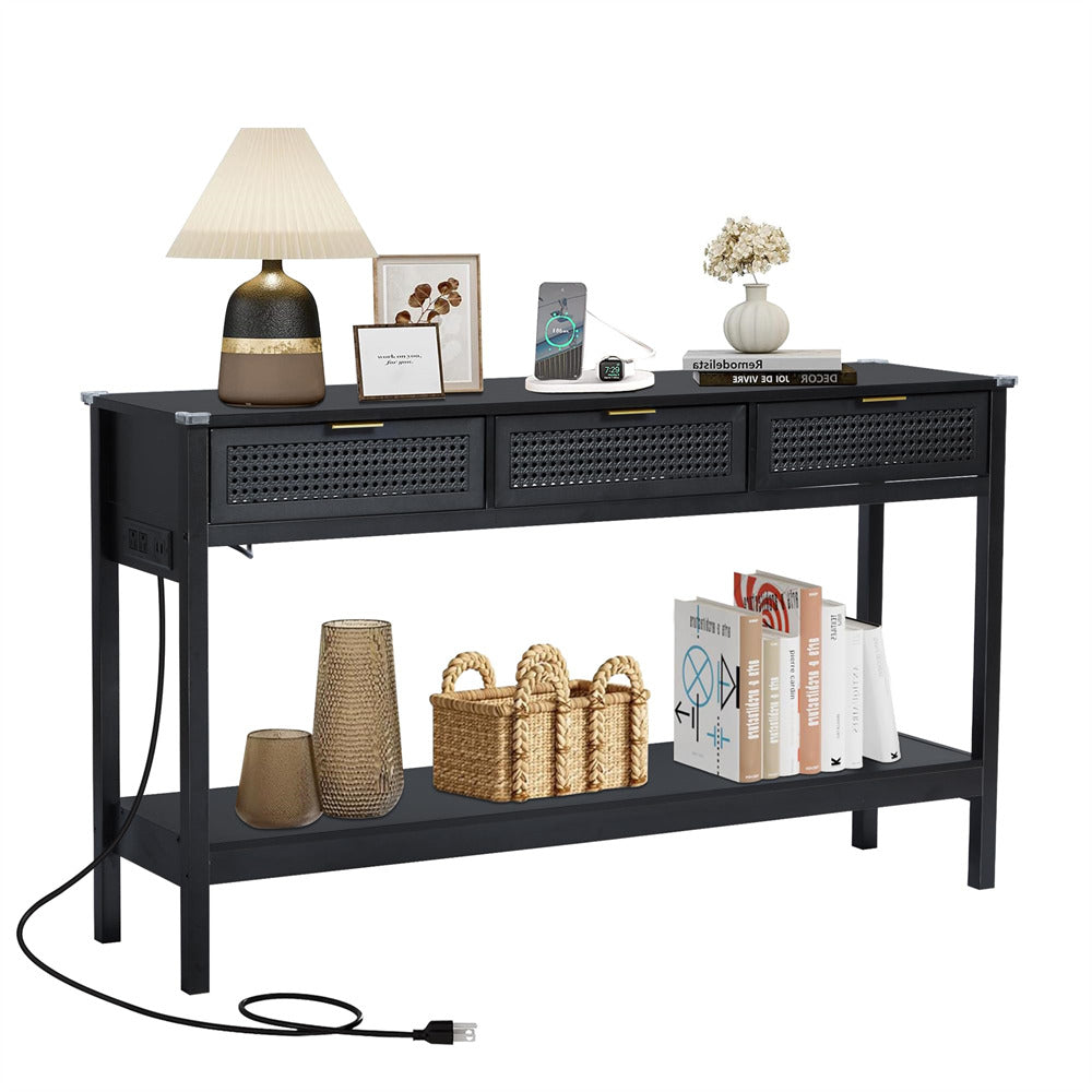 Wood Entryway Console Table Black with Storage and Metal Rattan Drawers