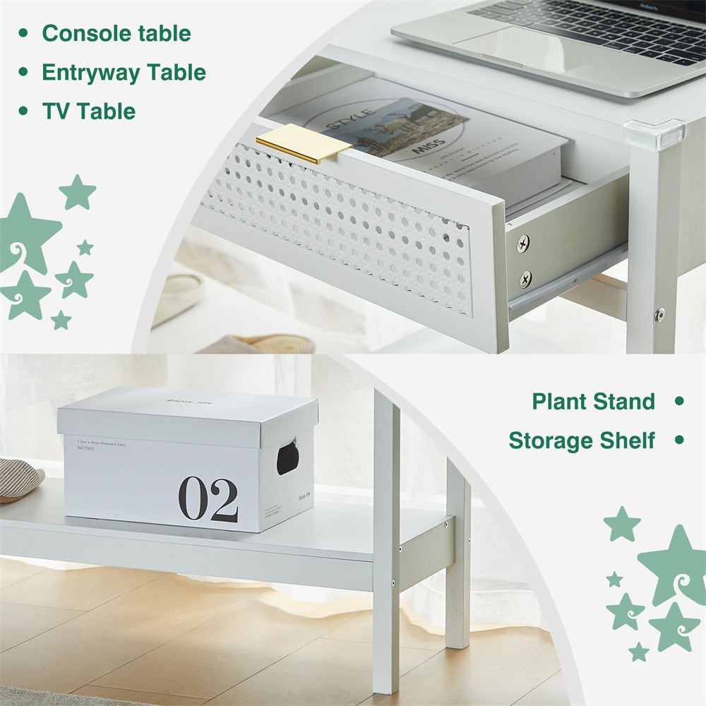 Wood Entryway Console Table White with Storage and Metal Rattan Drawers